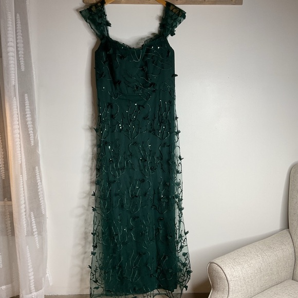 Dessy Collection Off-Shoulder A-Line 3D Floral Embroidered Evergreen Maxi Dress - Picture 3 of 11